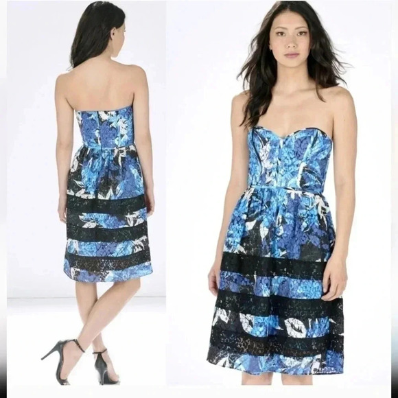 Parker Holly Blue Gardenia Floral Lace Strapless Dress(S)